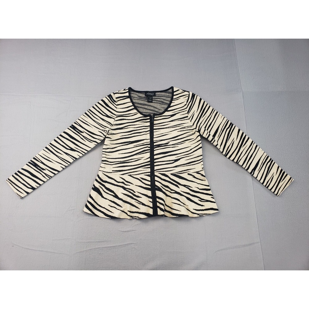 Ashro Women Sweater M Cream Zebra Print Knit Long Sleeve Zip Up Cardigan Casual